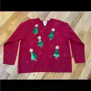 Quacker Factory Christmas Tree Cardigan Women’s Size Large Holiday Sweater Zip